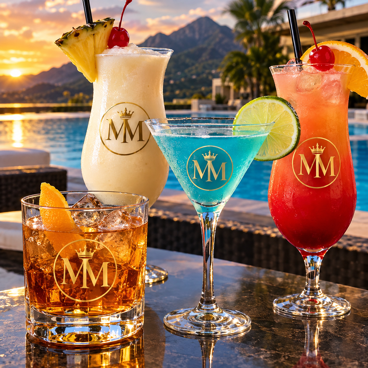 Branded signature cocktails on a poolside bar at sunset