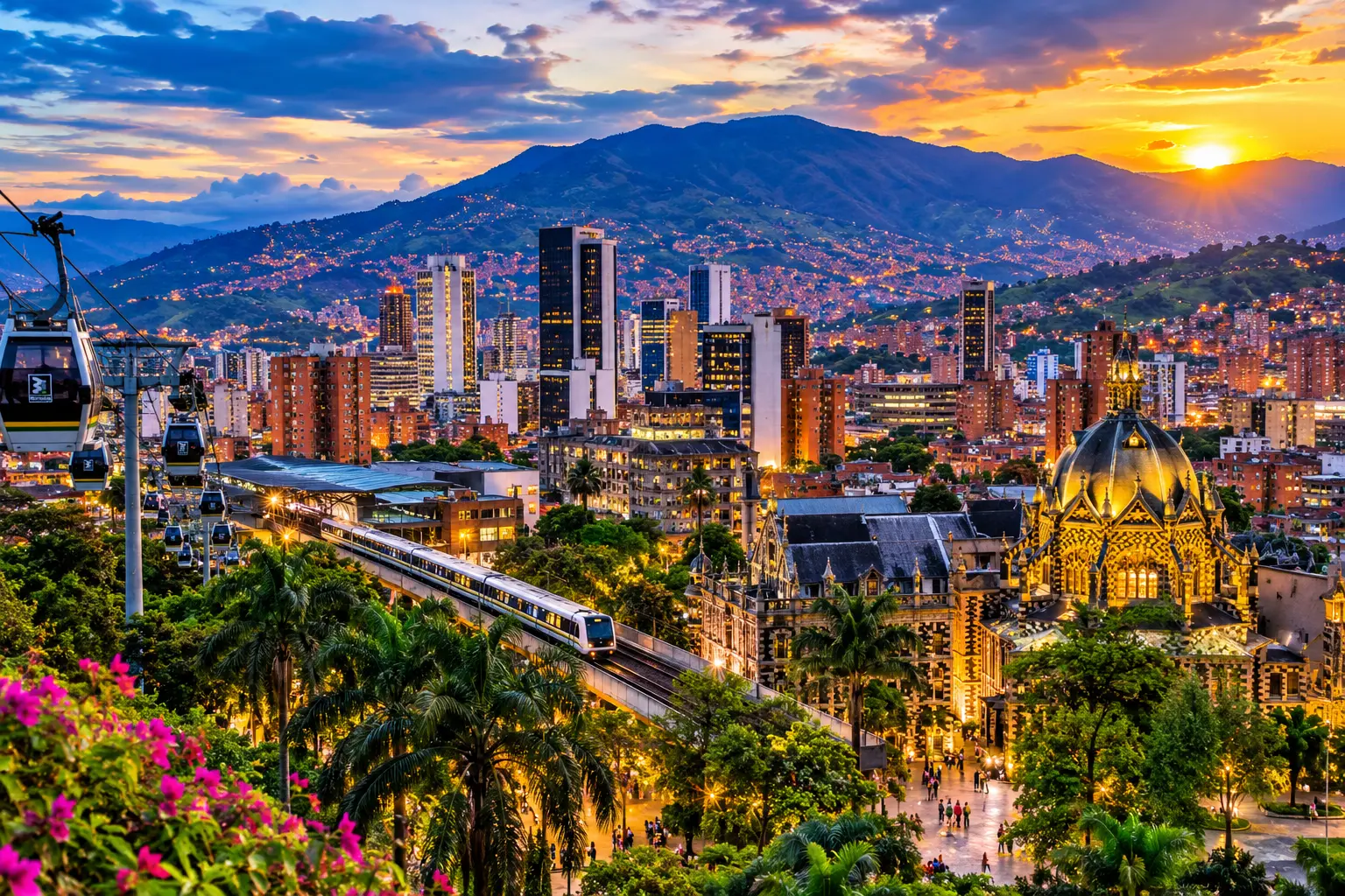 Medellin Colombia city skyline at sunset with mountains and cable cars