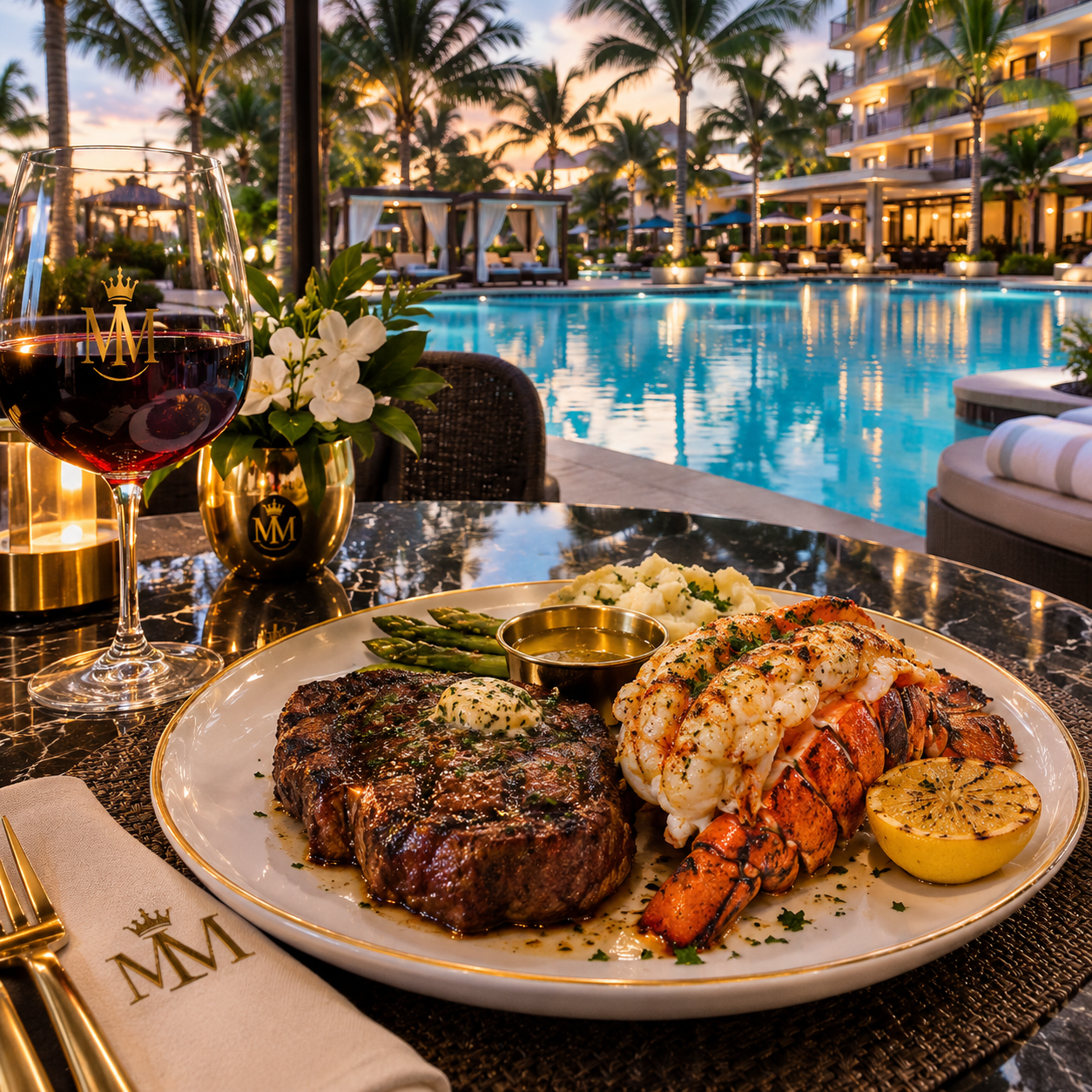 Steak and lobster dinner with branded Medellin Mansion wine glass beside the resort pool