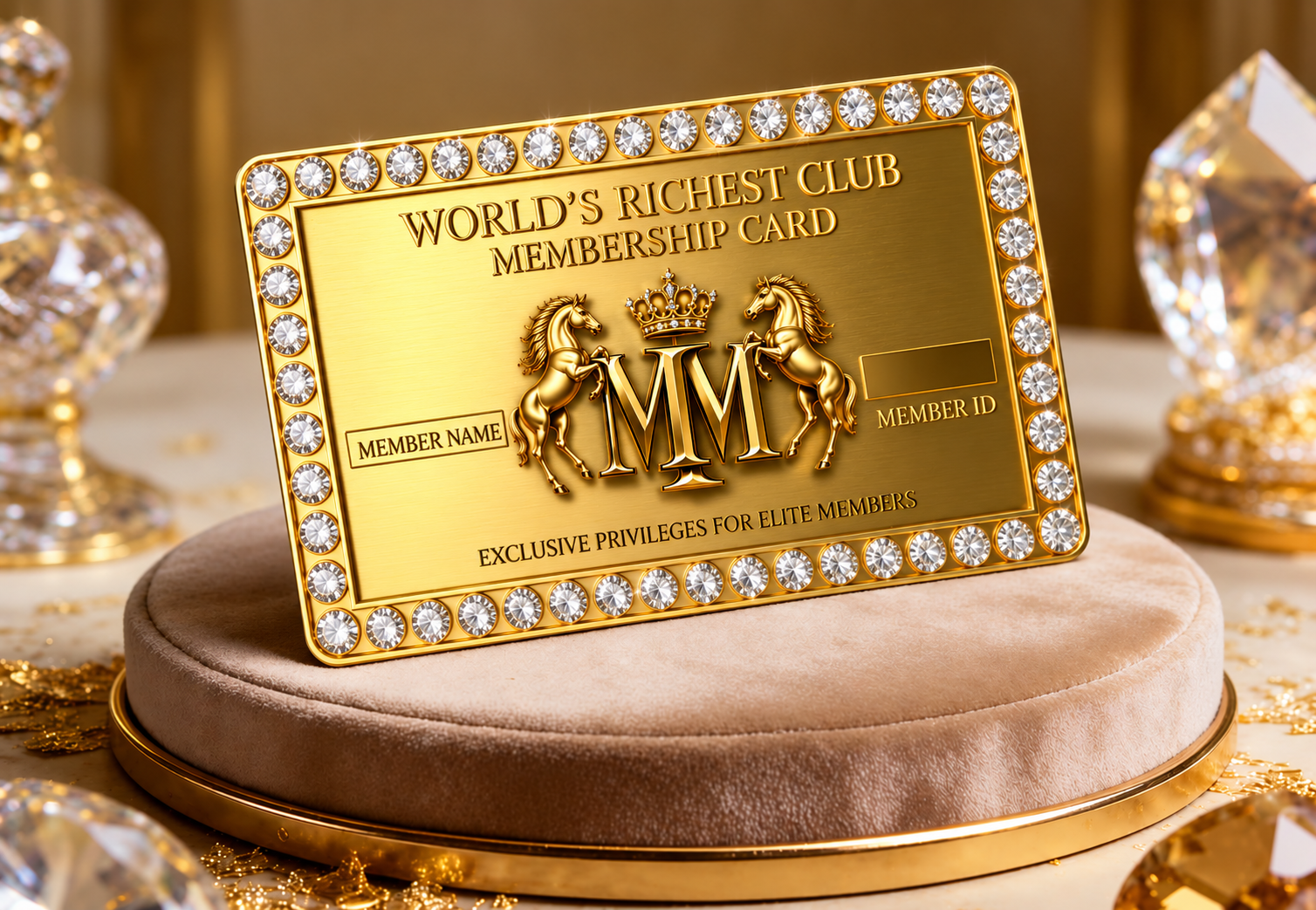 World's Richest Club gold membership card with diamond trim on a velvet stand