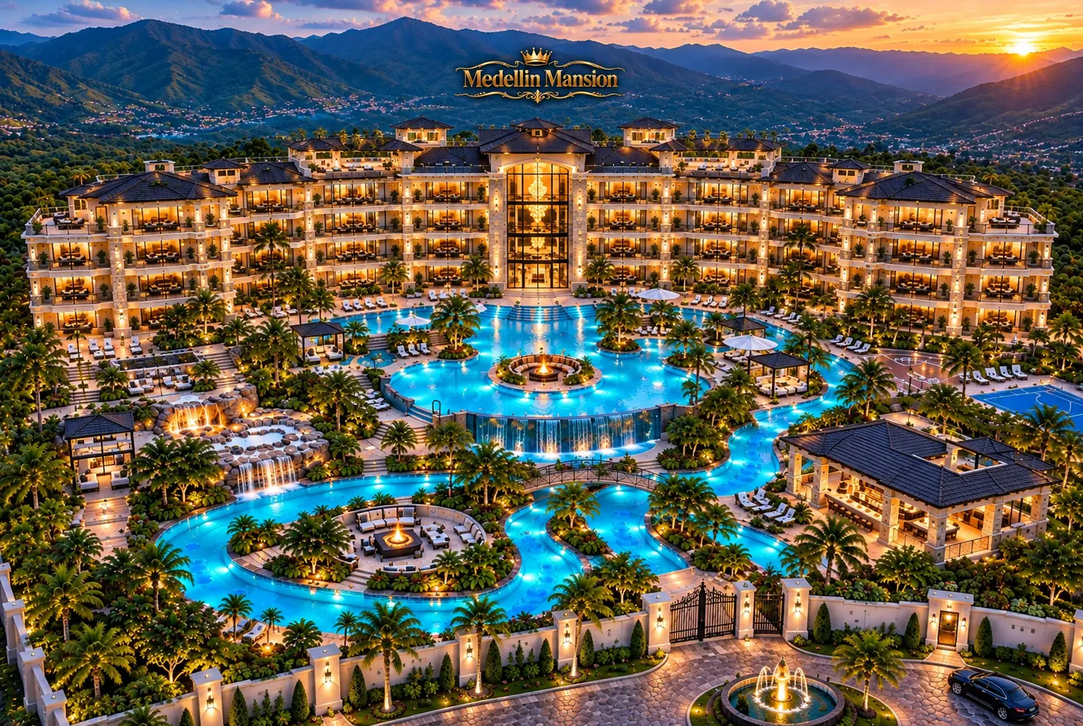 Medellin Mansion at dusk: illuminated resort estate with lagoon pools and palm gardens